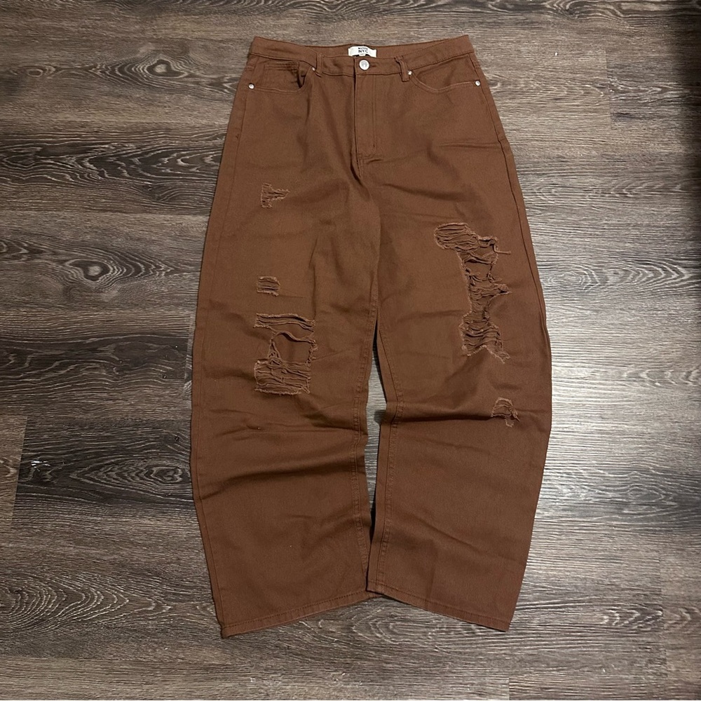 Y2K 2000s brown distressed baggy wide leg denim